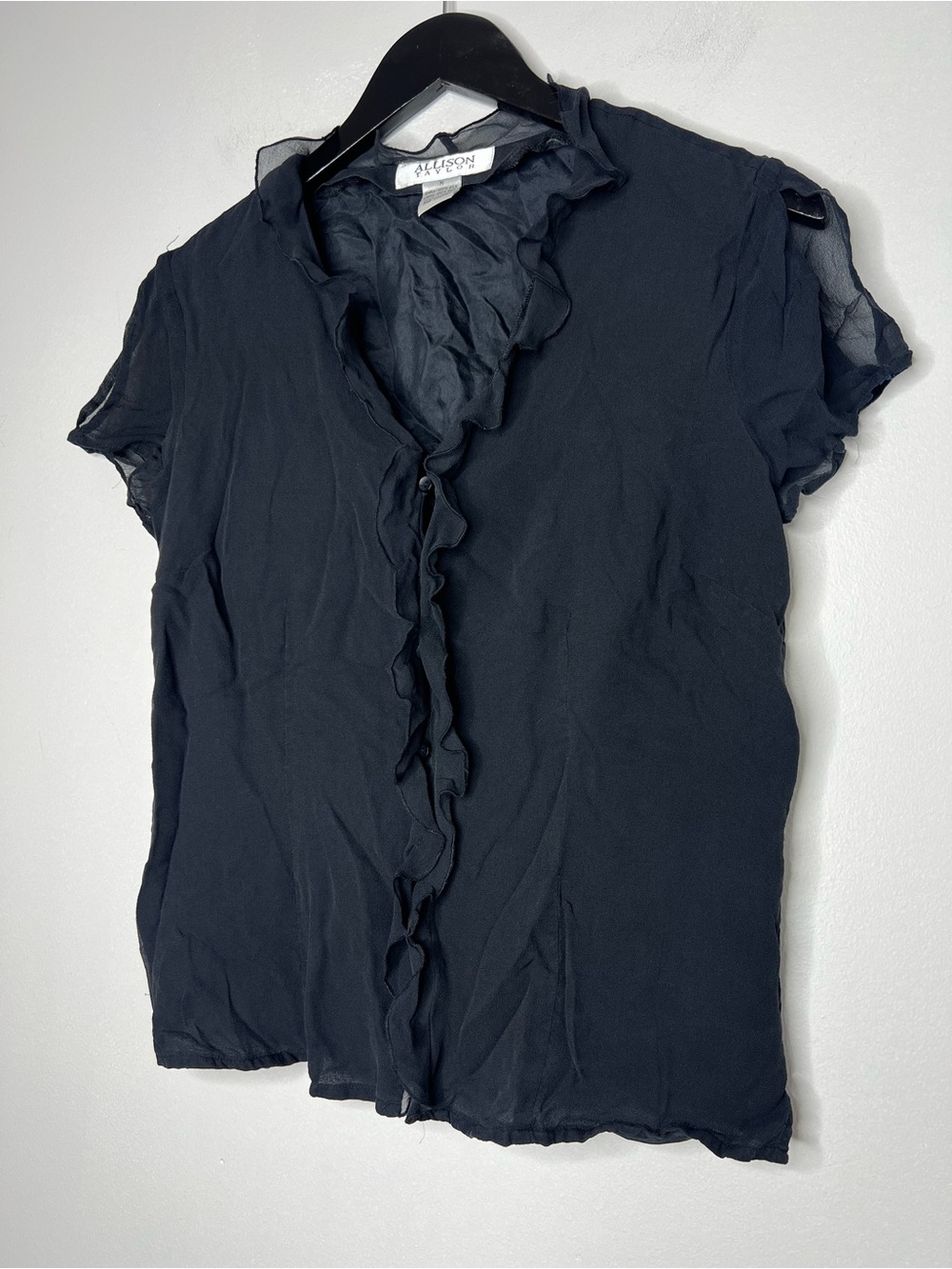 Vintage Y2K Allison Taylor 100% Silk Black Ruffle Blouse Sheer Short Sleeve M